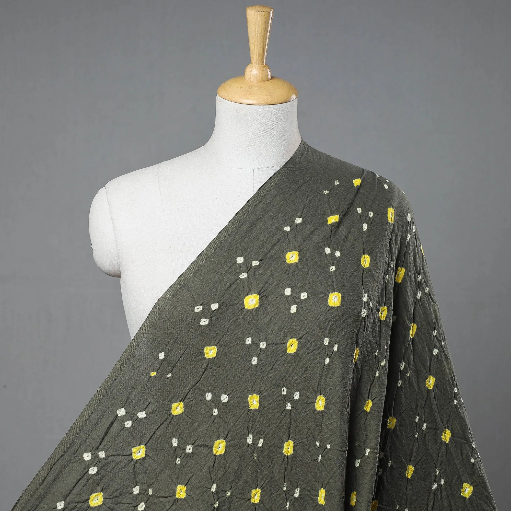 Grey with Yellow Buti Kutch Bandhani Tie-Dye Mul Cotton Fabric