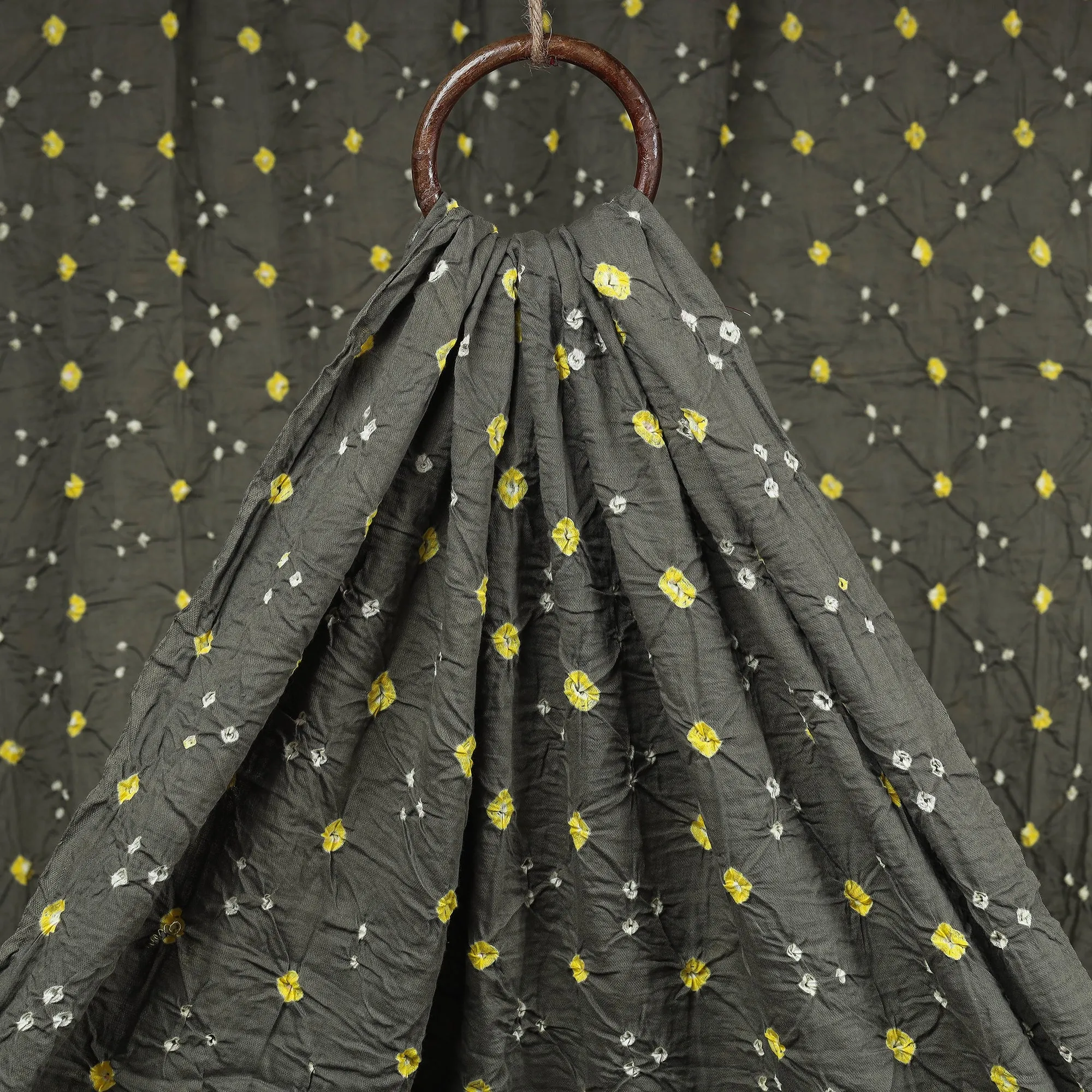 Grey with Yellow Buti Kutch Bandhani Tie-Dye Mul Cotton Fabric