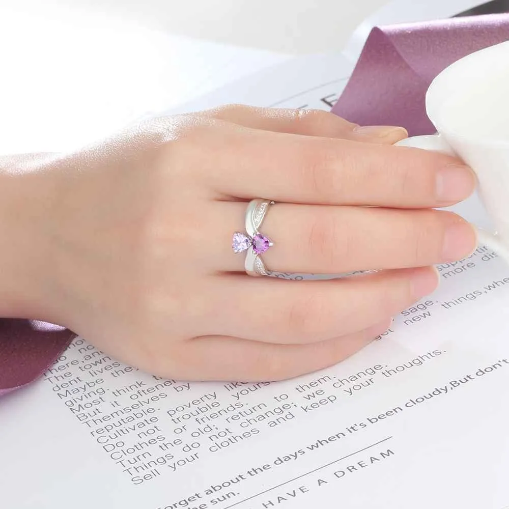 Heart-shaped Personalized 925 Sterling Silver Ring Engraved with Birthstone