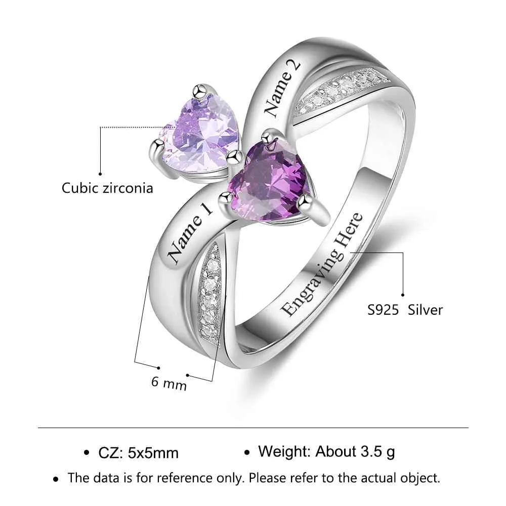 Heart-shaped Personalized 925 Sterling Silver Ring Engraved with Birthstone