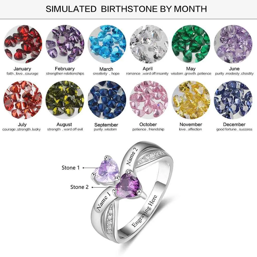 Heart-shaped Personalized 925 Sterling Silver Ring Engraved with Birthstone