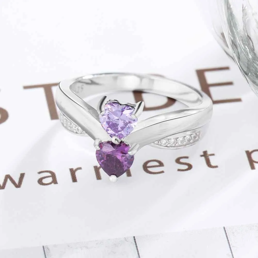 Heart-shaped Personalized 925 Sterling Silver Ring Engraved with Birthstone