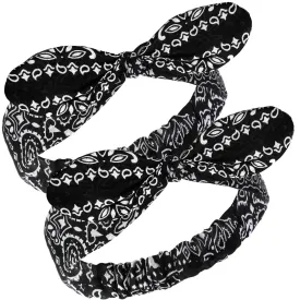 Hicarer 2 Pieces Bandana Headband for Women, Knot Retro Print Bandana Paisley Print Headband Adjustable Headwrap(Black)