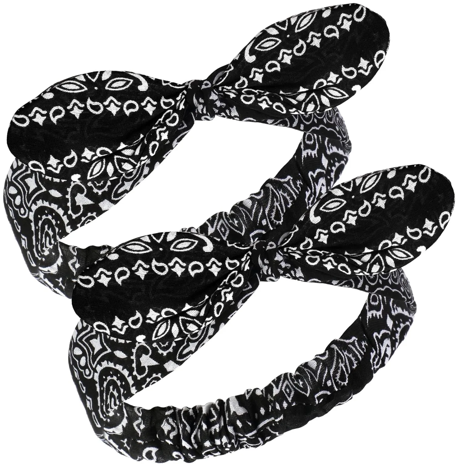 Hicarer 2 Pieces Bandana Headband for Women, Knot Retro Print Bandana Paisley Print Headband Adjustable Headwrap(Black)