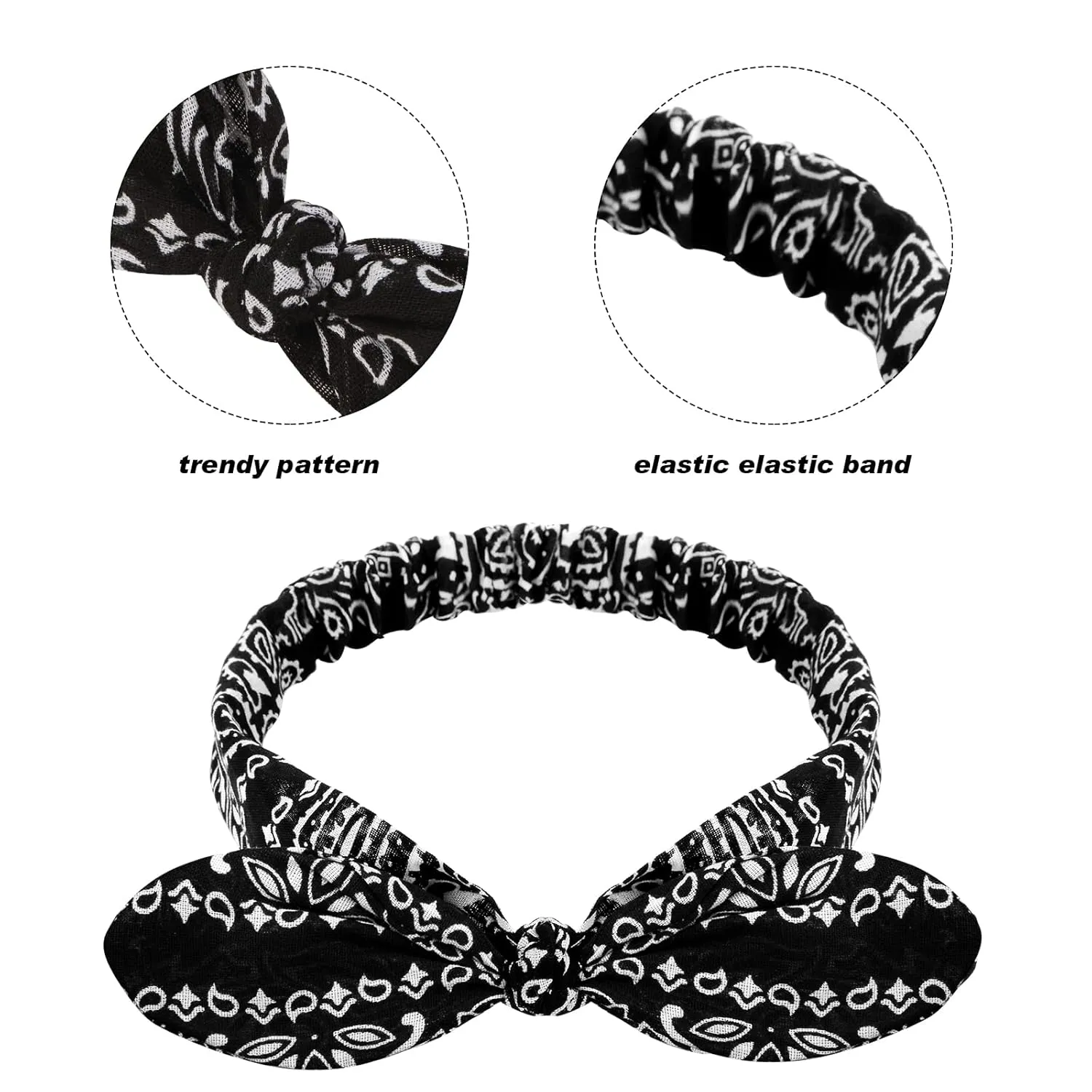 Hicarer 2 Pieces Bandana Headband for Women, Knot Retro Print Bandana Paisley Print Headband Adjustable Headwrap(Black)