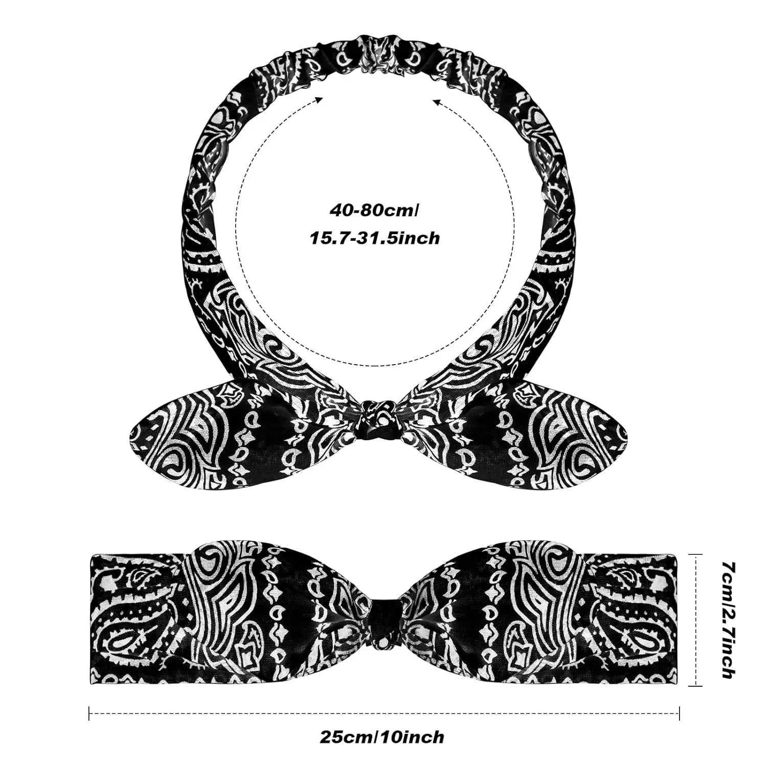 Hicarer 2 Pieces Bandana Headband for Women, Knot Retro Print Bandana Paisley Print Headband Adjustable Headwrap(Black)