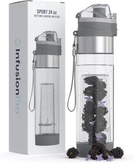 Infusion Pro 24 oz Fruit Infuser Water Bottle, Insulated Sleeve & Fruit Infused Water eBook : Bottom Water Infuser for More Flavor : Locking Flip Top Lid : Unique Gift Idea - Grey