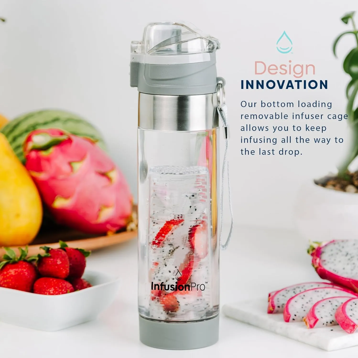 Infusion Pro 24 oz Fruit Infuser Water Bottle, Insulated Sleeve & Fruit Infused Water eBook : Bottom Water Infuser for More Flavor : Locking Flip Top Lid : Unique Gift Idea - Grey