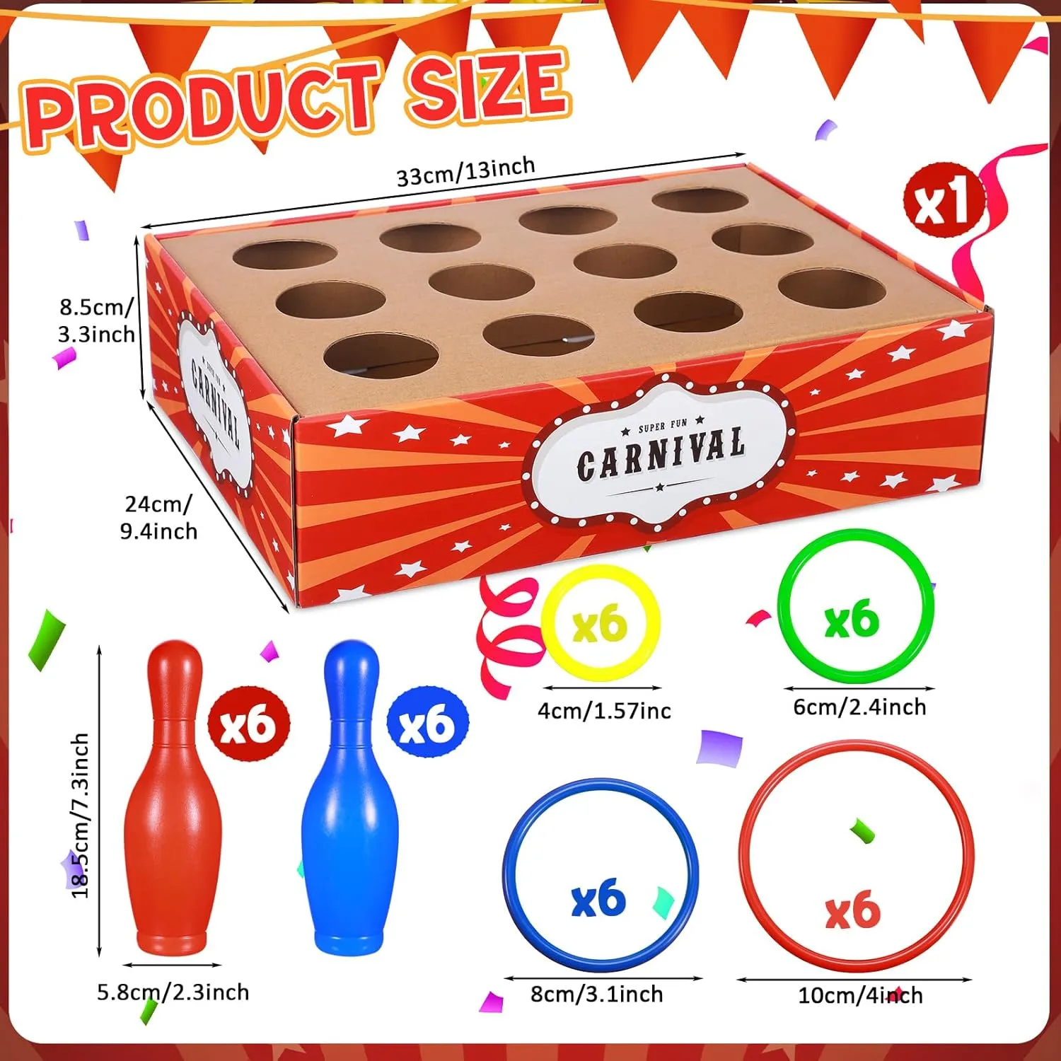 Leitee 45 Pcs Carnival Games Ring Toss Games Bowling Set Include 1 Carnival Ticket Box 12 Plastic Bowling Pins 32 Throw Toss Rings for Carnival Party Family Games Supplies