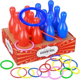 Leitee 45 Pcs Carnival Games Ring Toss Games Bowling Set Include 1 Carnival Ticket Box 12 Plastic Bowling Pins 32 Throw Toss Rings for Carnival Party Family Games Supplies