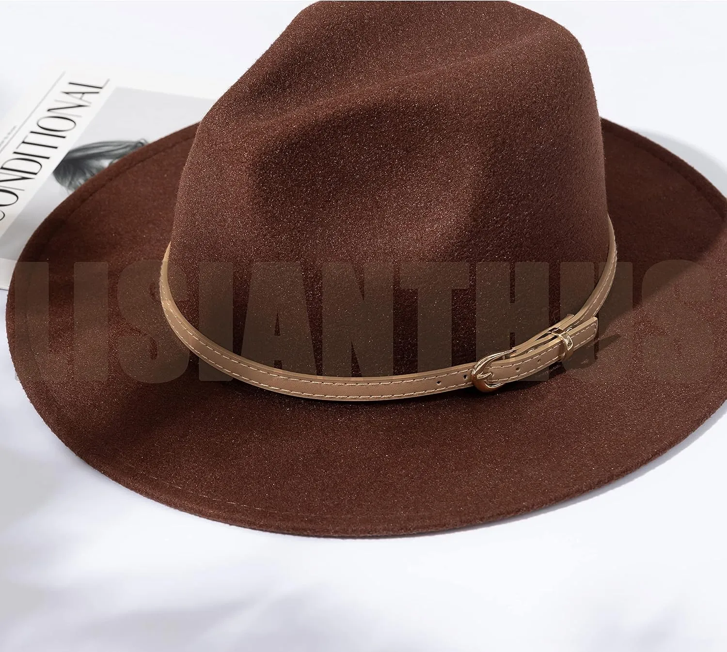 Lisianthus Women Classic Felt Fedora Wide Brim Hat with Belt Buckle
