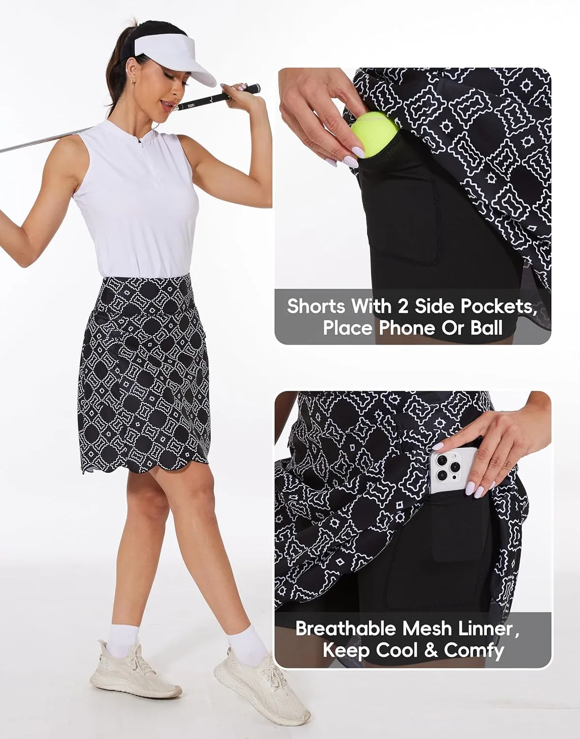 M MOTEEPI 20" Scalloped Hem Golf Skirts for Women with Zipper Pockets Womens Skort Tummy Control