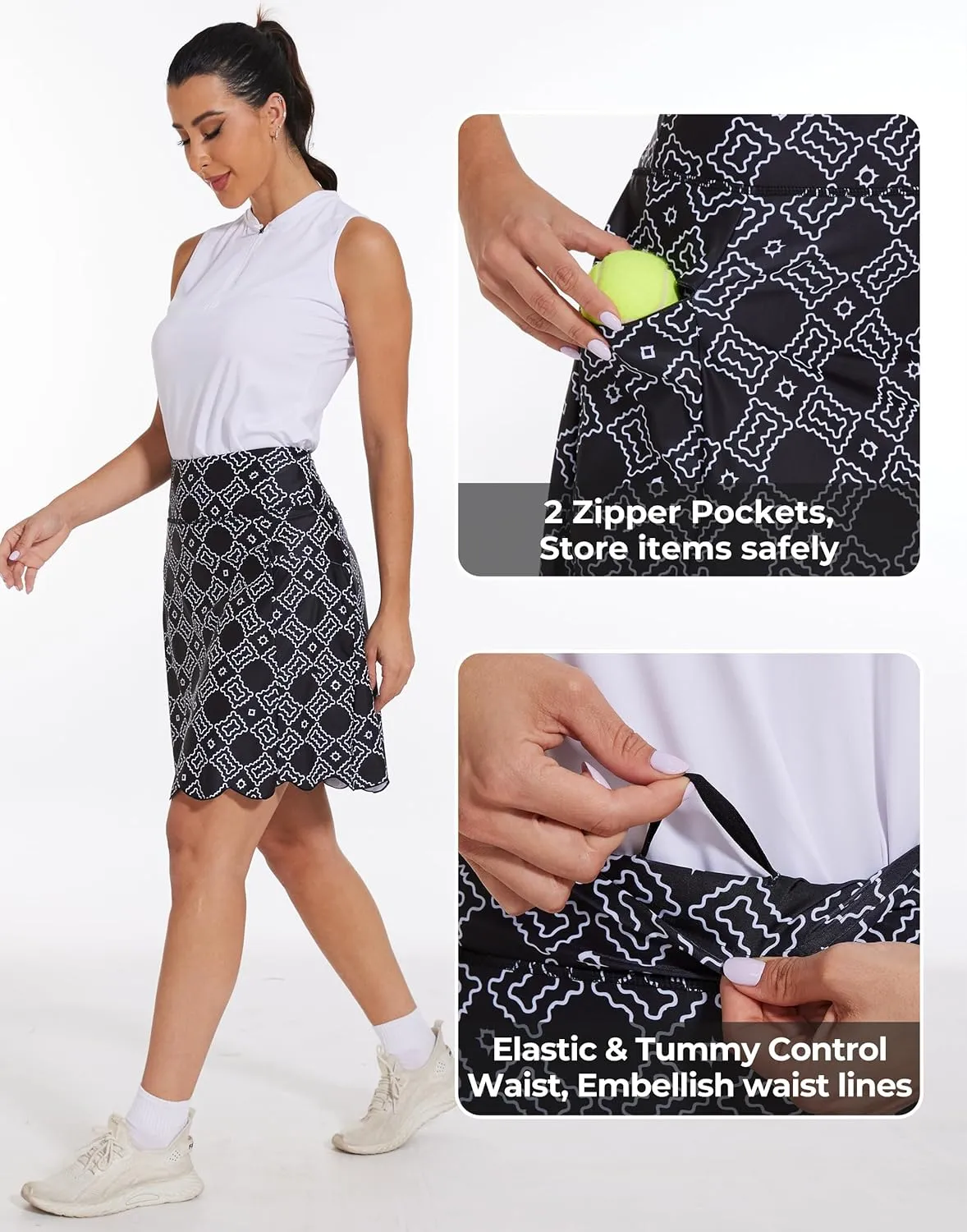 M MOTEEPI 20" Scalloped Hem Golf Skirts for Women with Zipper Pockets Womens Skort Tummy Control