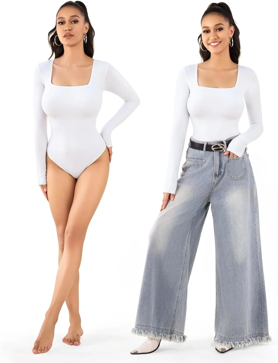 MANGOPOP Women's Square Neck Short Sleeve Long Sleeve Bodysuit Sexy Body Suits Shirt Slim Fitted Tops