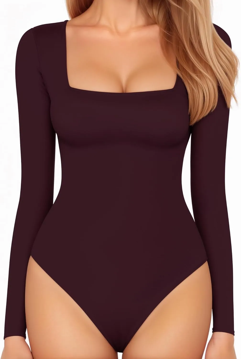 MANGOPOP Women's Square Neck Short Sleeve Long Sleeve Bodysuit Sexy Body Suits Shirt Slim Fitted Tops