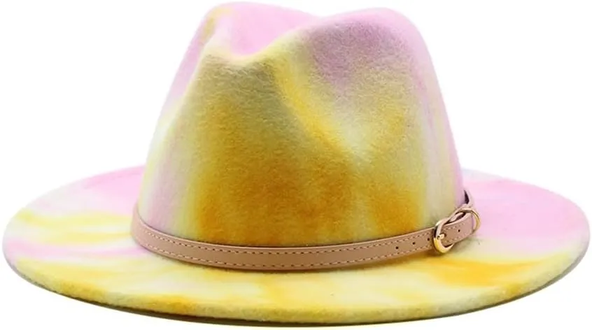 Men and Women Tie-Dyed Rainbow Pink Woolen Top Hat Autumn and Winter Flat Brim Jazz Hat Felt Hat Fengyan Cowboy Hats (Color : Rose Red, Size : 56-58cm)