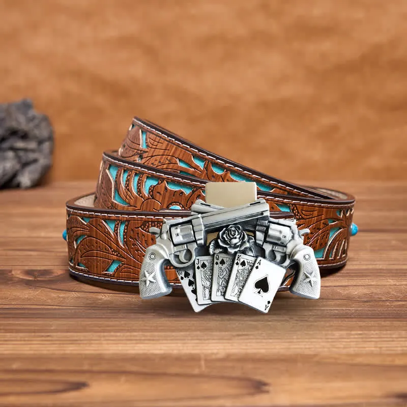 Men's DIY Double Pistol Poker Leather Belt with Hidden Lighter
