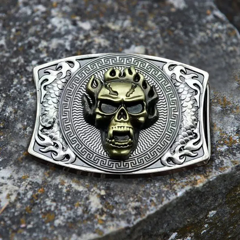 Men's DIY Flame Skull Hidden Folding Knife Leather Belt