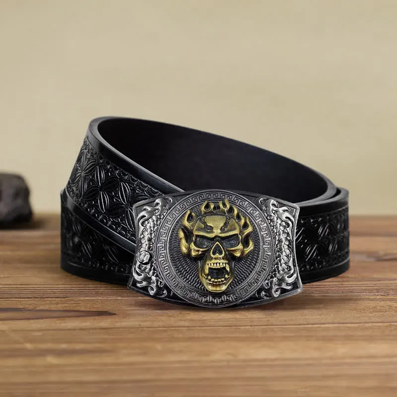 Men's DIY Flame Skull Hidden Folding Knife Leather Belt