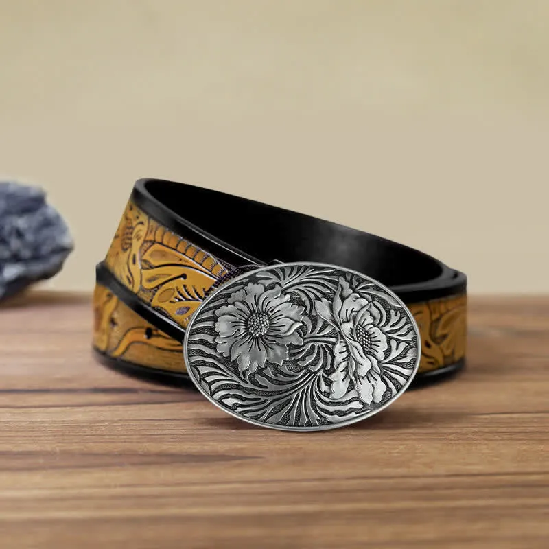 Men's DIY Oval Western Floral Buckle Leather Belt