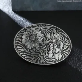 Men's DIY Oval Western Floral Buckle Leather Belt