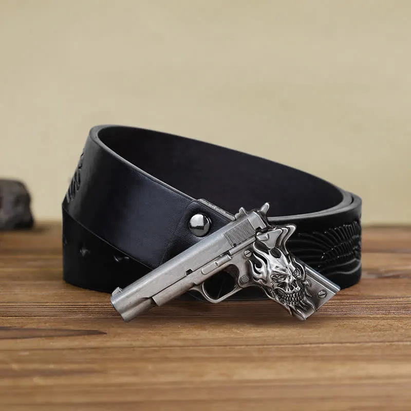 Men's DIY Pistol Gun Flame Skull Buckle Leather Belt