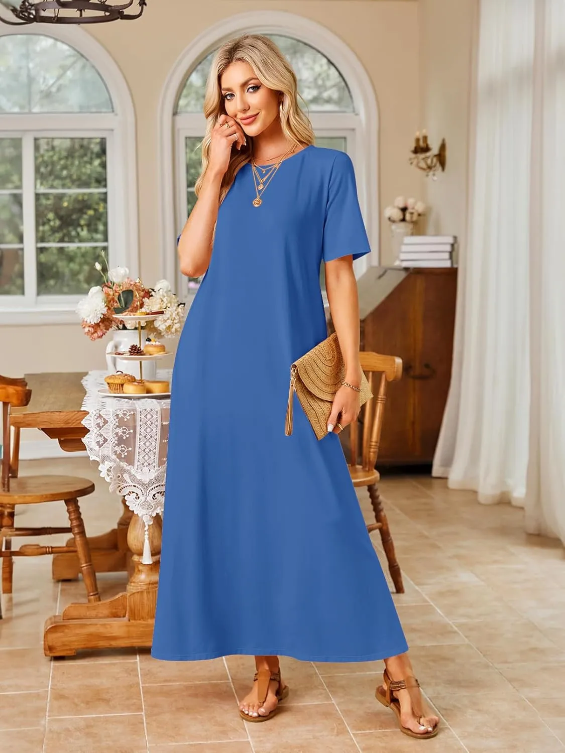 MEROKEETY Women's 2025 Summer Casual Maxi Dress Beach Vacation Short Sleeve Crewneck Basic Long T Shirt Dresses