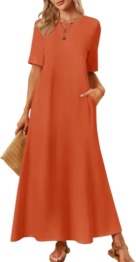 MEROKEETY Women's 2025 Summer Casual Maxi Dress Beach Vacation Short Sleeve Crewneck Basic Long T Shirt Dresses