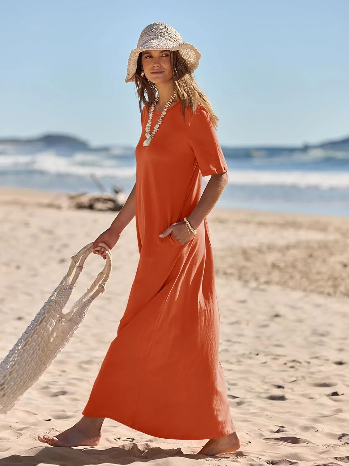 MEROKEETY Women's 2025 Summer Casual Maxi Dress Beach Vacation Short Sleeve Crewneck Basic Long T Shirt Dresses