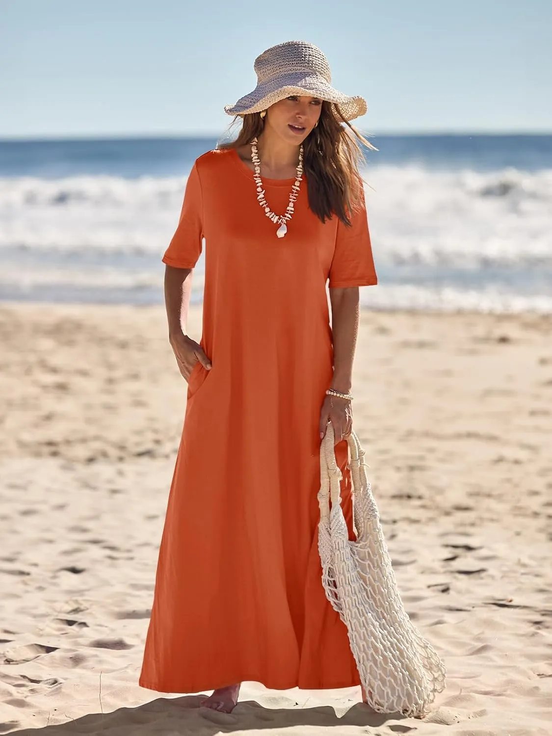 MEROKEETY Women's 2025 Summer Casual Maxi Dress Beach Vacation Short Sleeve Crewneck Basic Long T Shirt Dresses