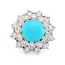 Mid Century Turquoise 5 Carat Diamond 18K White Gold Cluster Ring