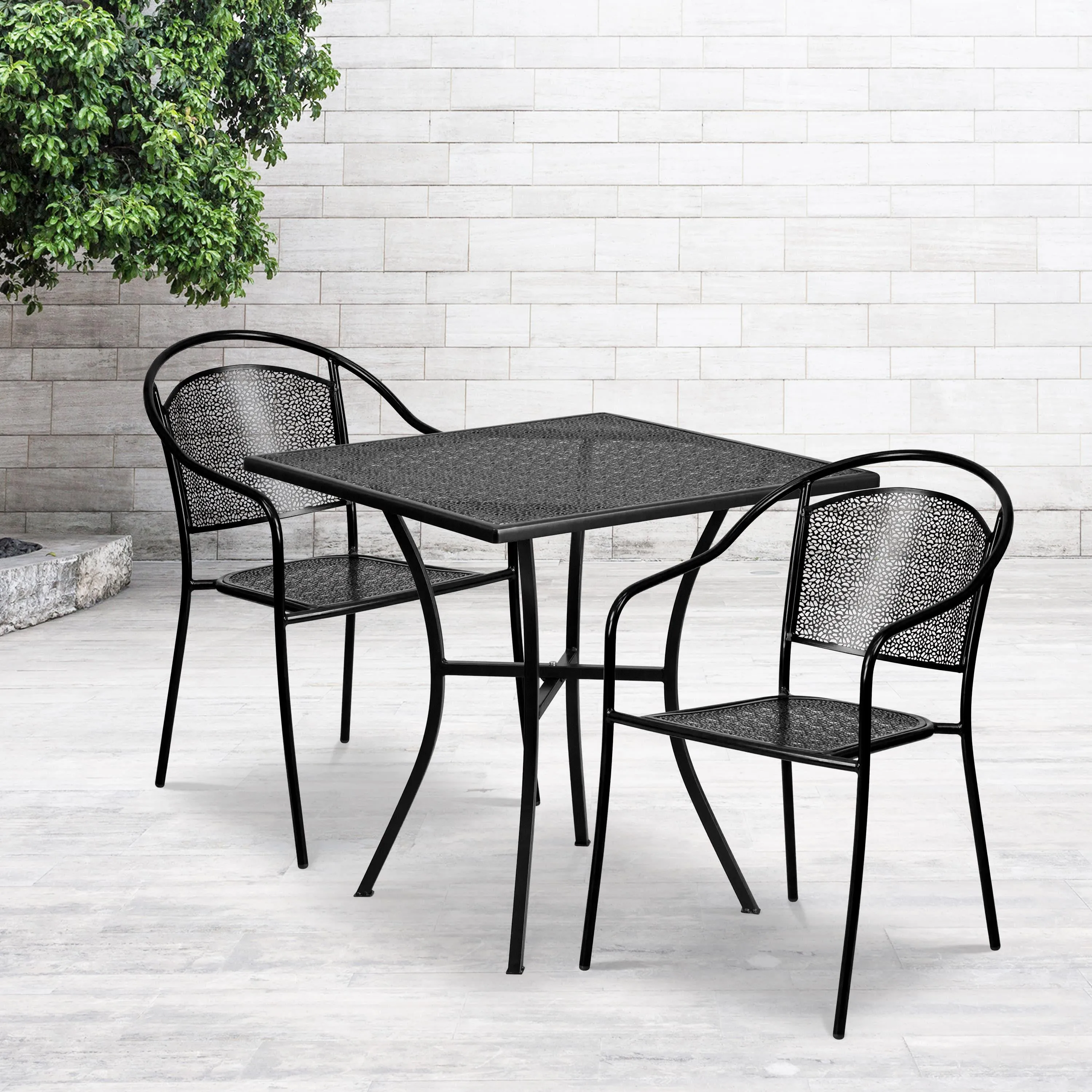 Oia Commercial Grade 28" Square Indoor-Outdoor Steel Patio Table Set with 2 Round Back Chairs