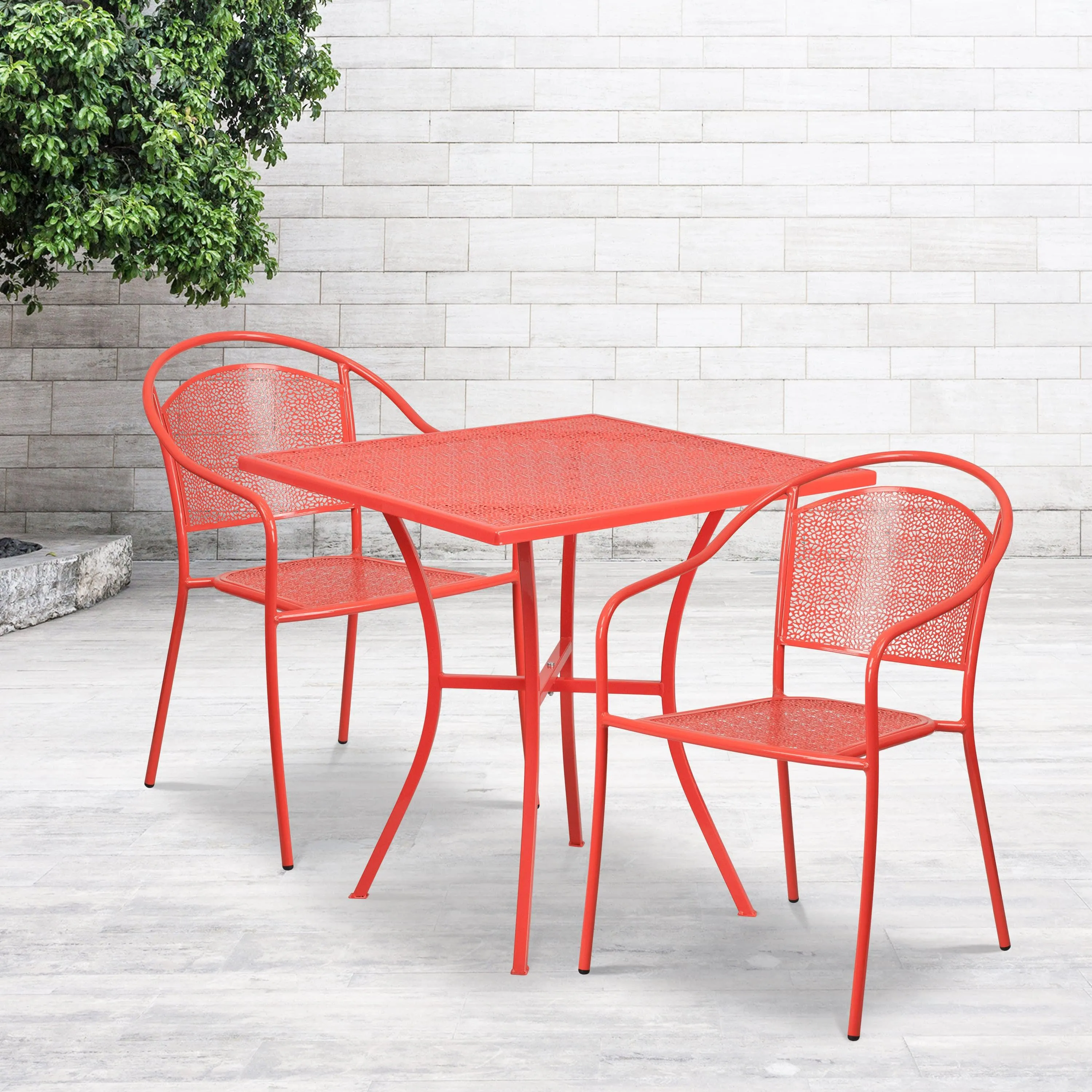 Oia Commercial Grade 28" Square Indoor-Outdoor Steel Patio Table Set with 2 Round Back Chairs