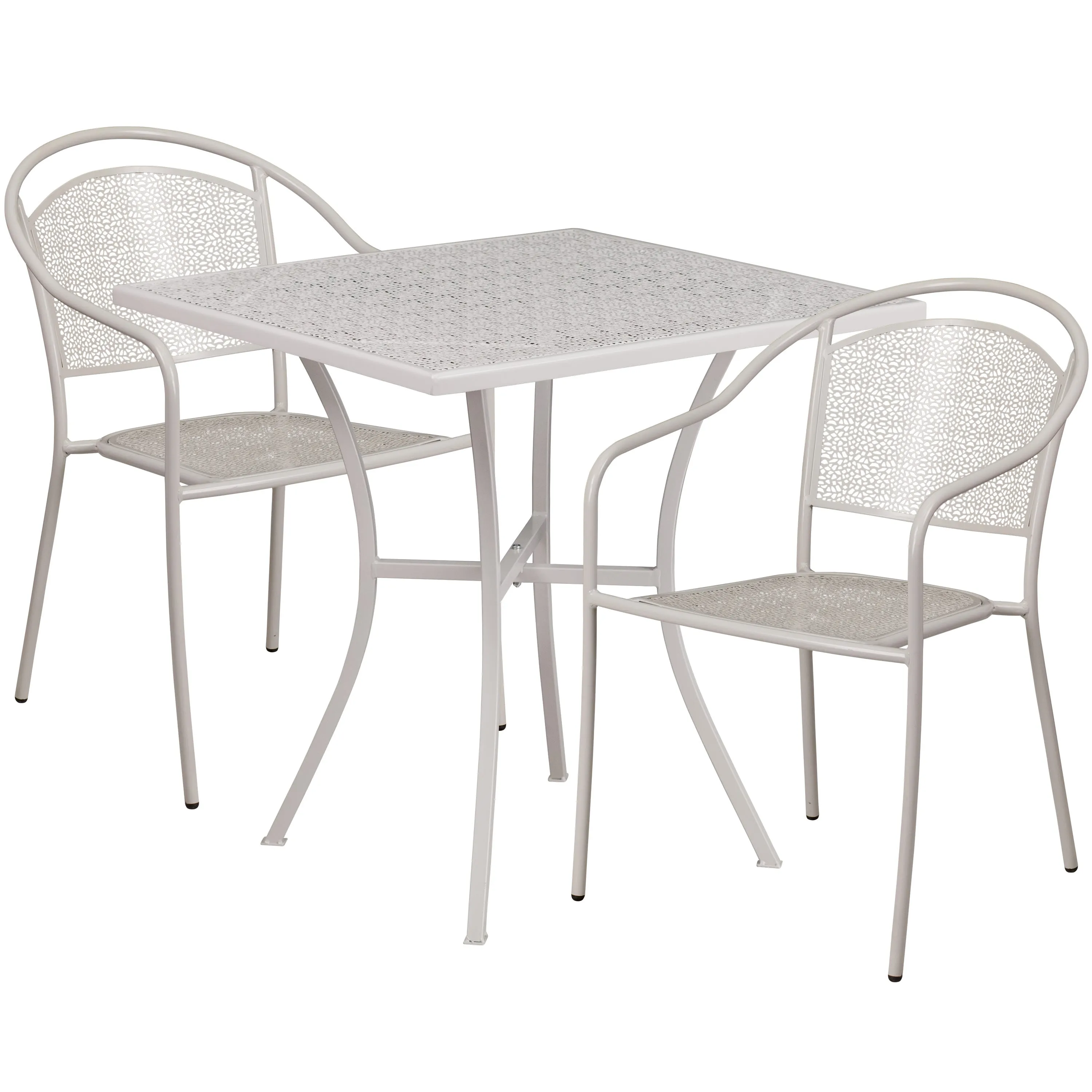 Oia Commercial Grade 28" Square Indoor-Outdoor Steel Patio Table Set with 2 Round Back Chairs