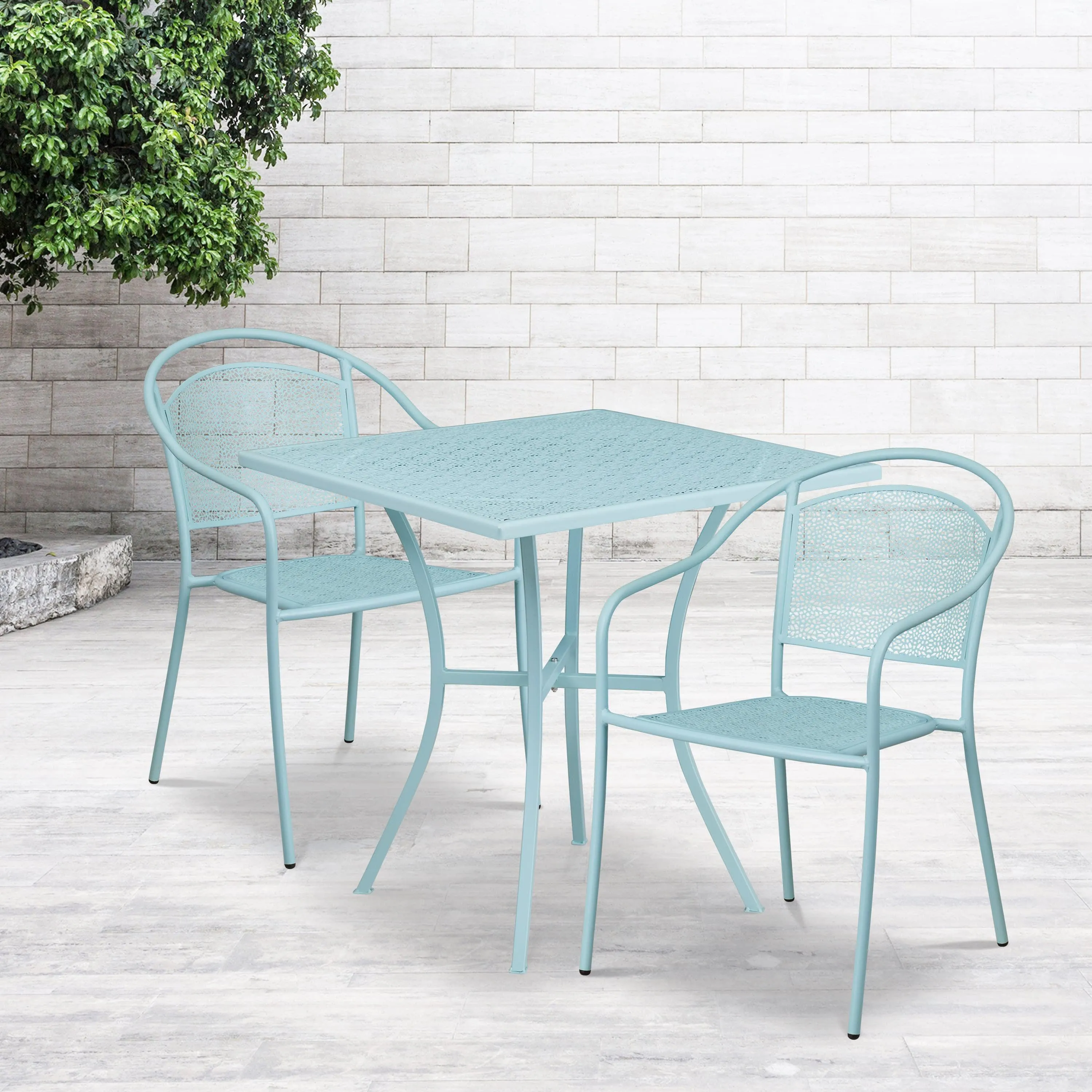 Oia Commercial Grade 28" Square Indoor-Outdoor Steel Patio Table Set with 2 Round Back Chairs