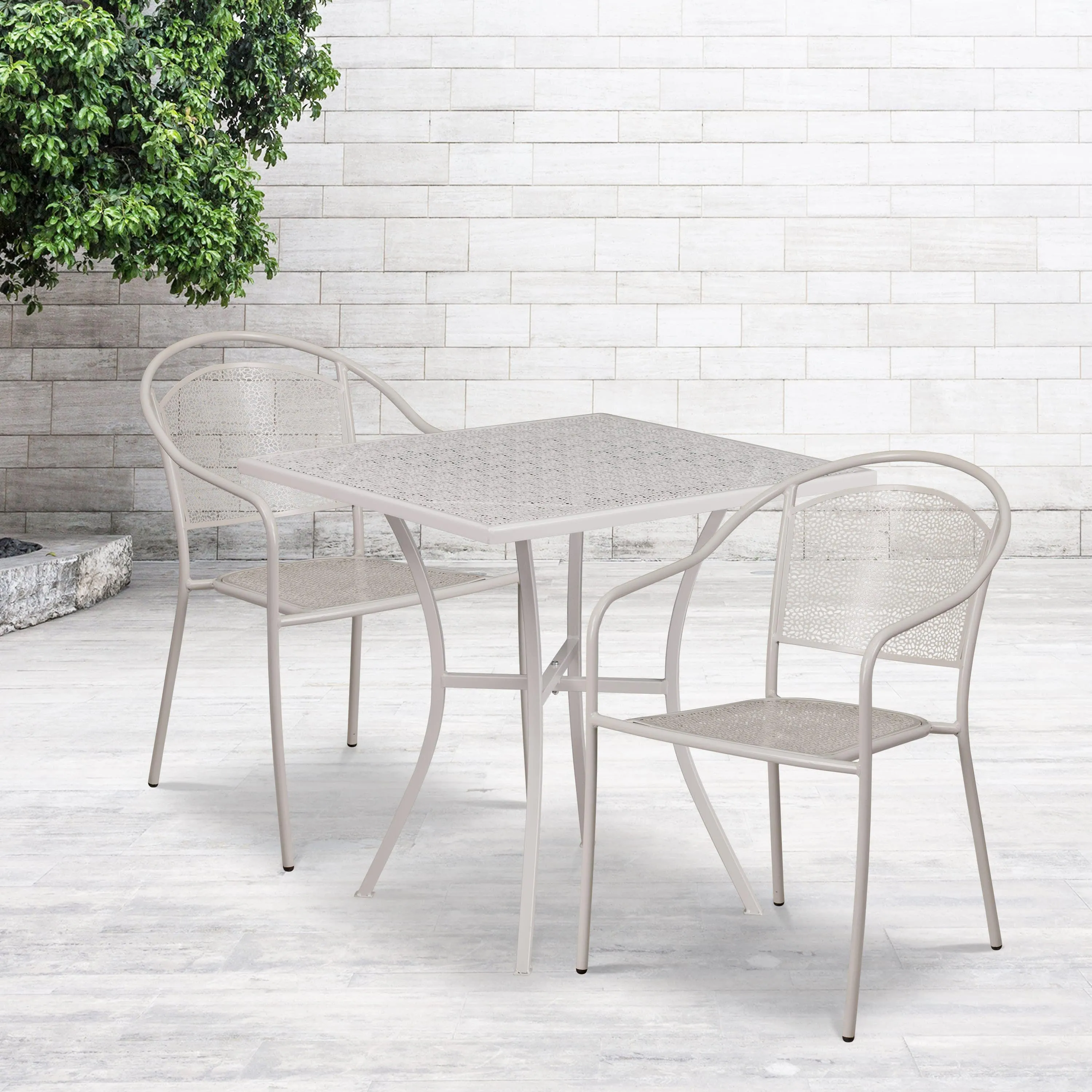 Oia Commercial Grade 28" Square Indoor-Outdoor Steel Patio Table Set with 2 Round Back Chairs