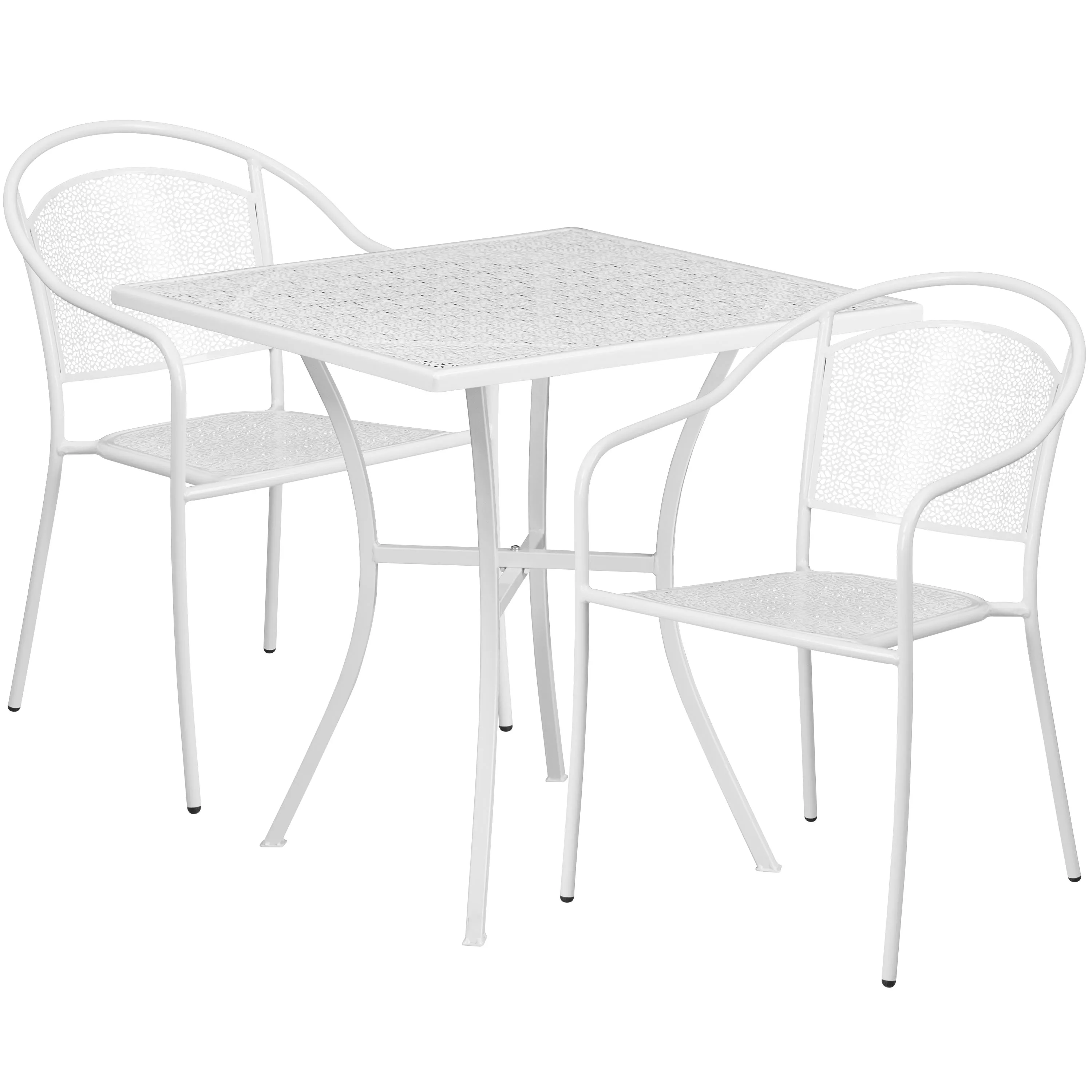 Oia Commercial Grade 28" Square Indoor-Outdoor Steel Patio Table Set with 2 Round Back Chairs
