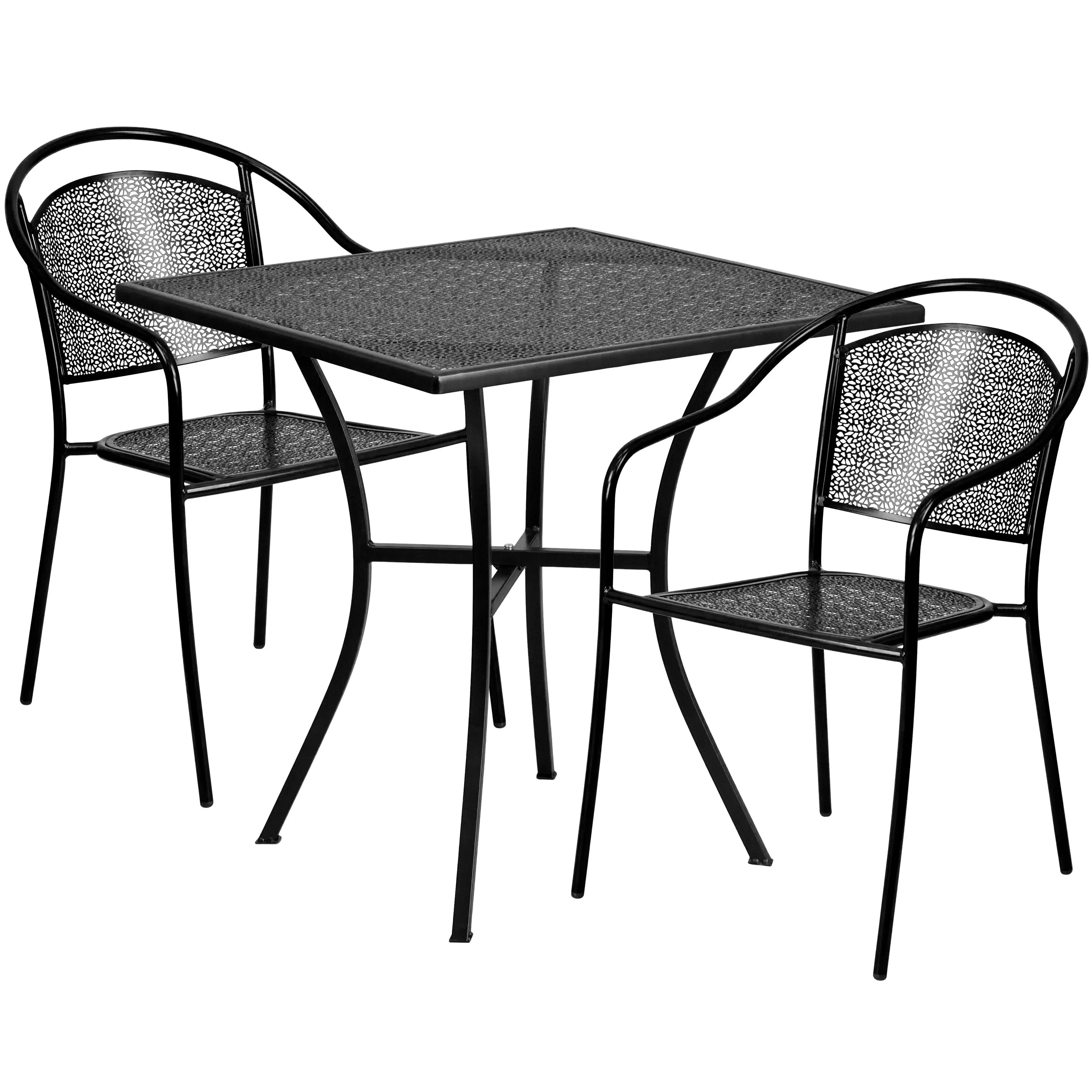 Oia Commercial Grade 28" Square Indoor-Outdoor Steel Patio Table Set with 2 Round Back Chairs