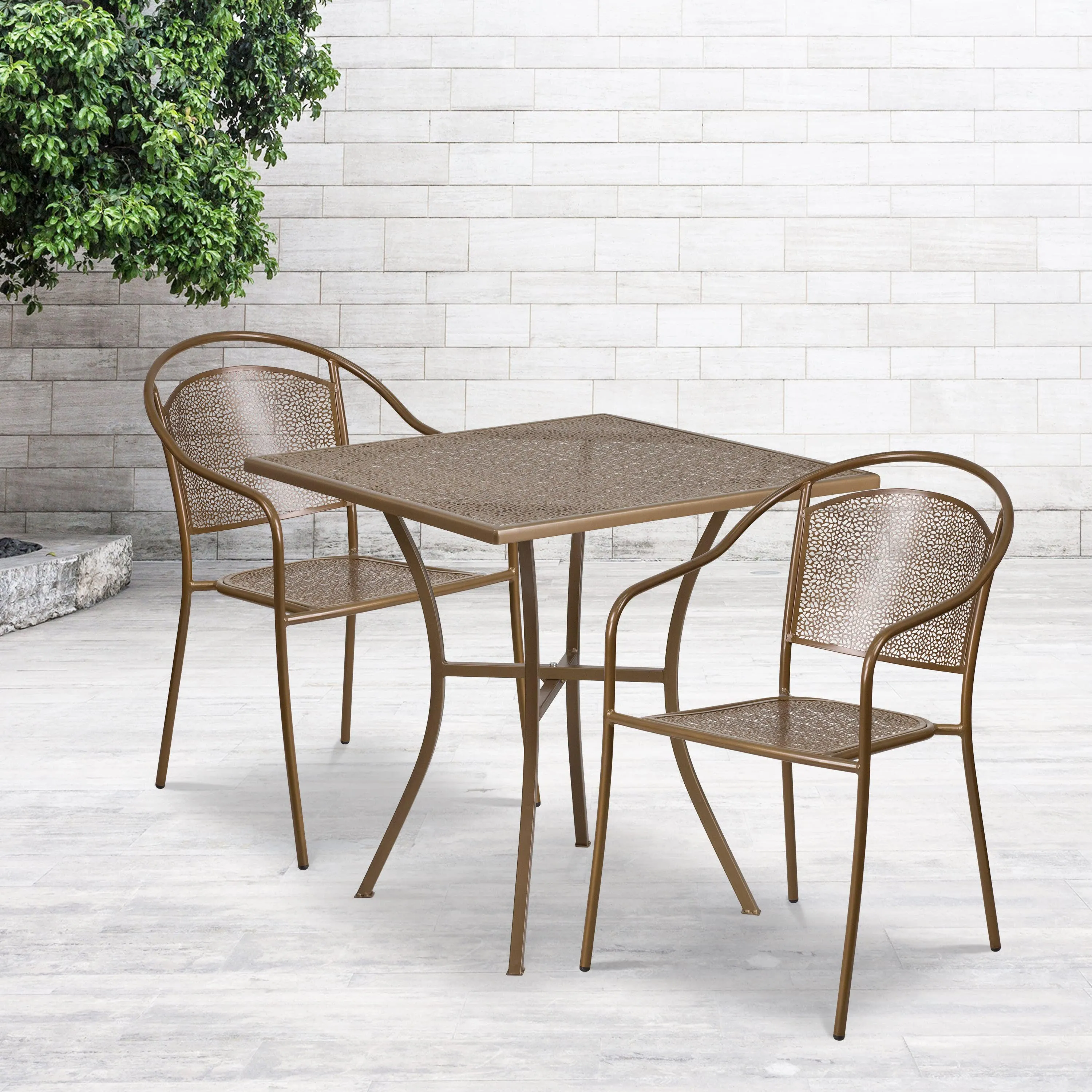 Oia Commercial Grade 28" Square Indoor-Outdoor Steel Patio Table Set with 2 Round Back Chairs
