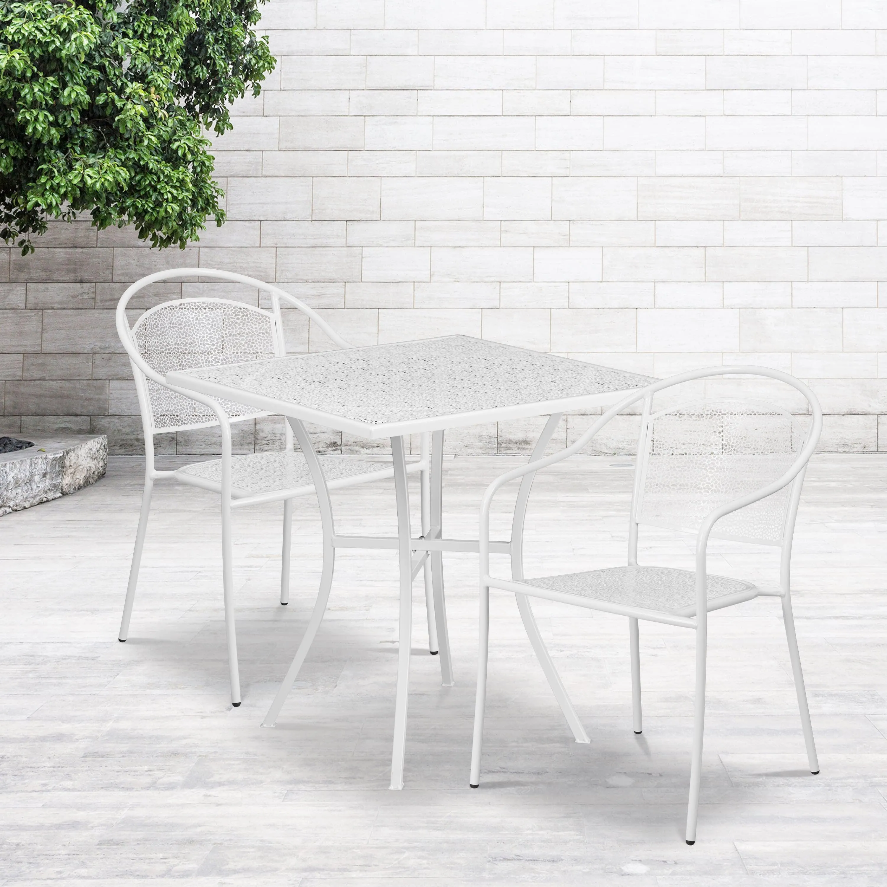 Oia Commercial Grade 28" Square Indoor-Outdoor Steel Patio Table Set with 2 Round Back Chairs
