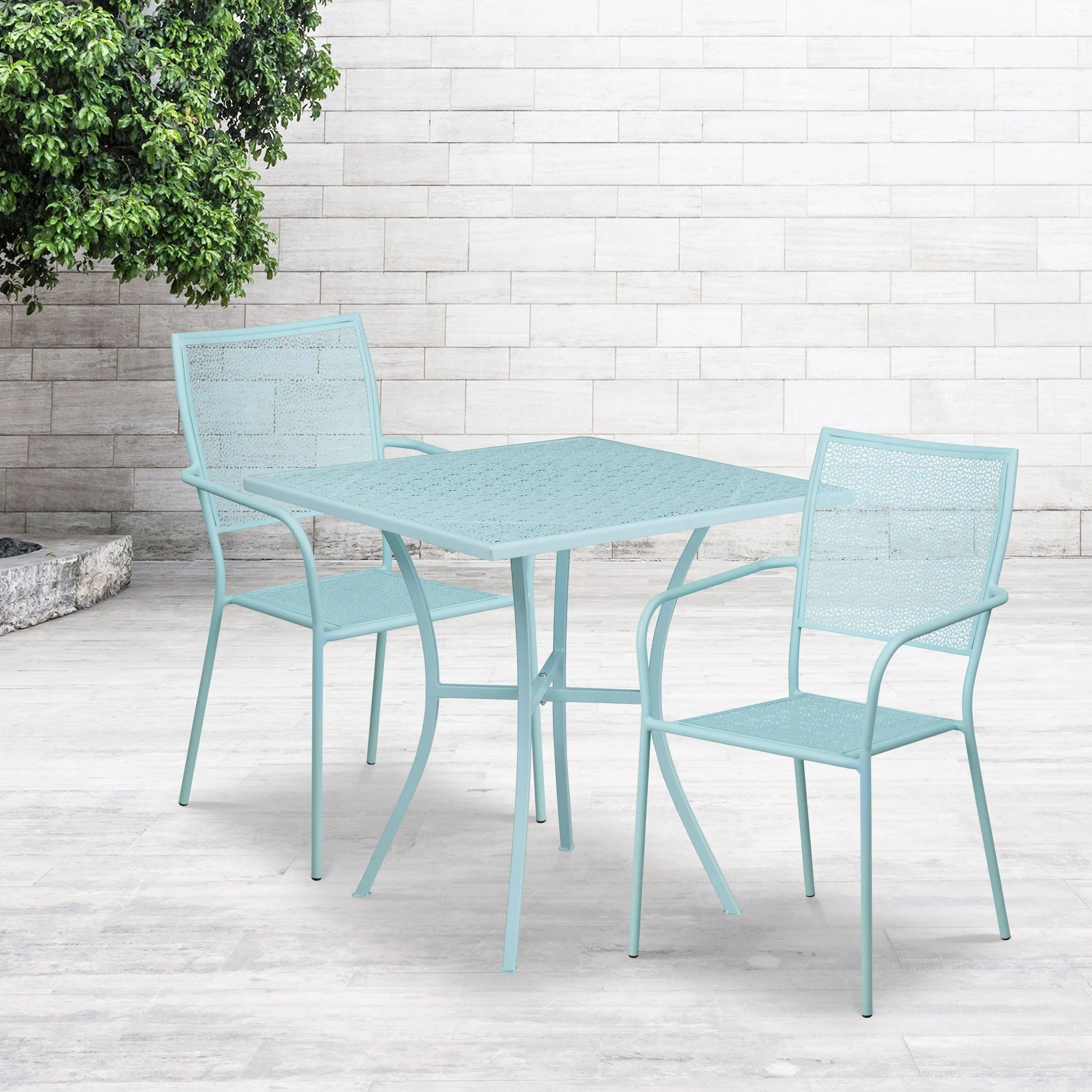 Oia Commercial Grade 28" Square Indoor-Outdoor Steel Patio Table Set with 2 Square Back Chairs