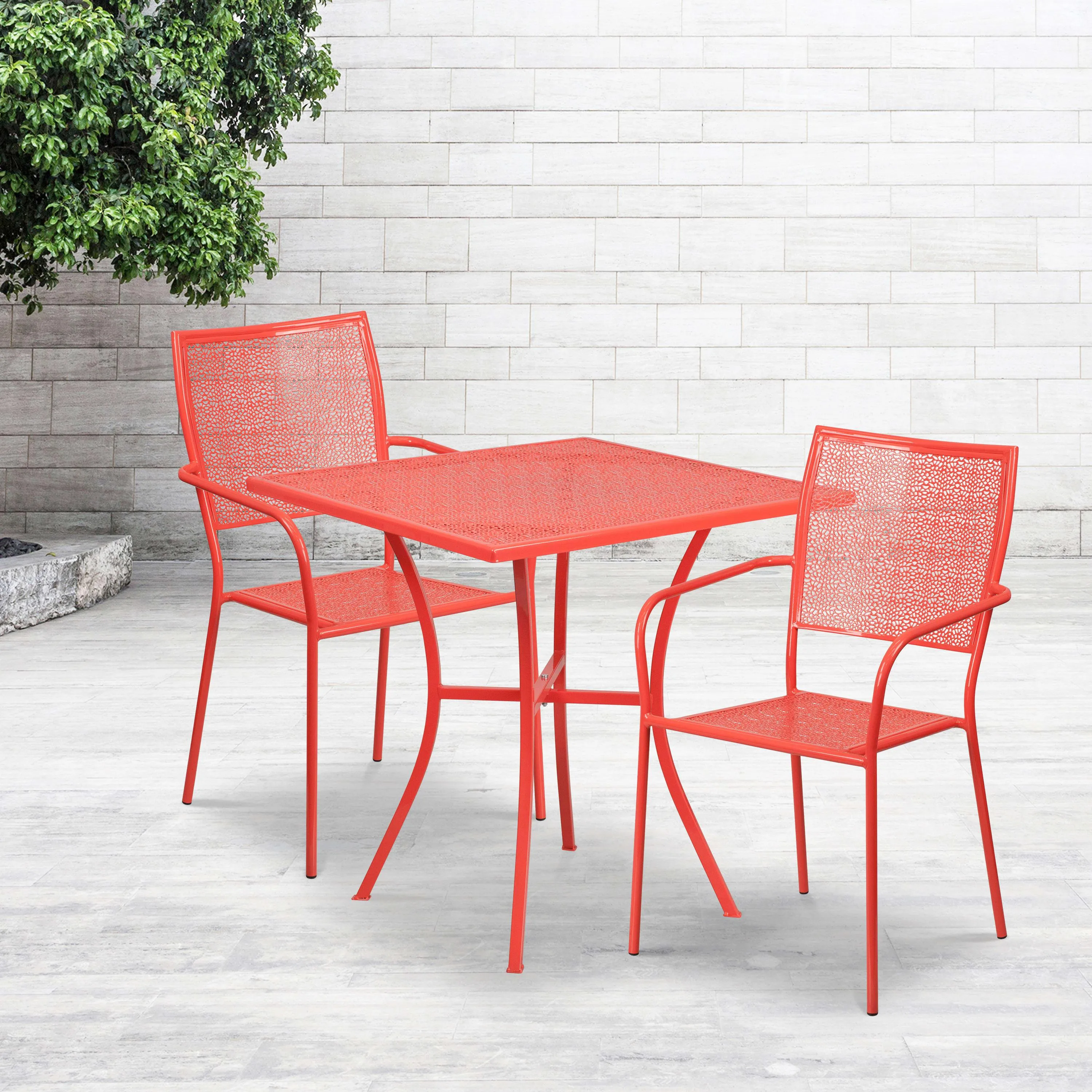 Oia Commercial Grade 28" Square Indoor-Outdoor Steel Patio Table Set with 2 Square Back Chairs
