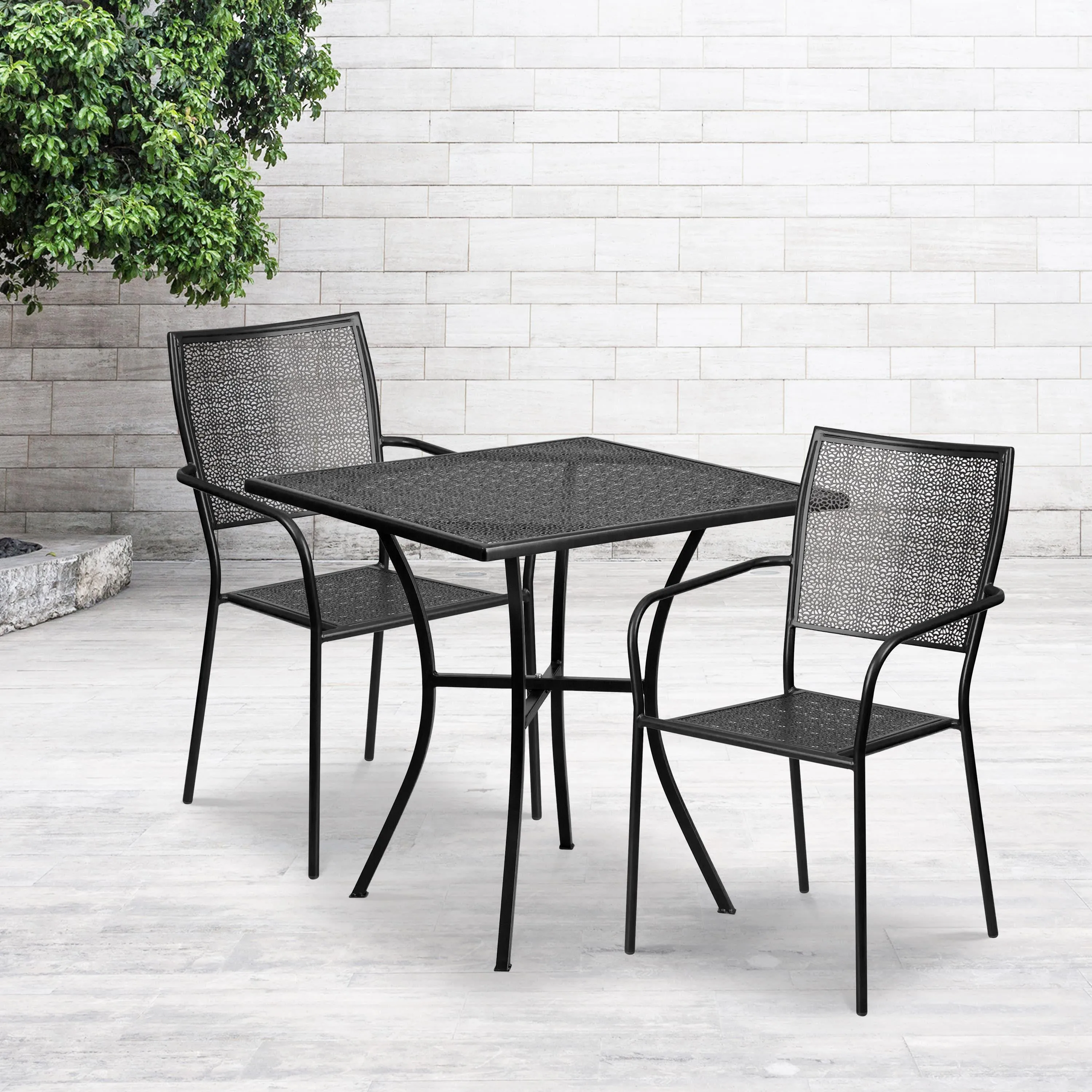 Oia Commercial Grade 28" Square Indoor-Outdoor Steel Patio Table Set with 2 Square Back Chairs