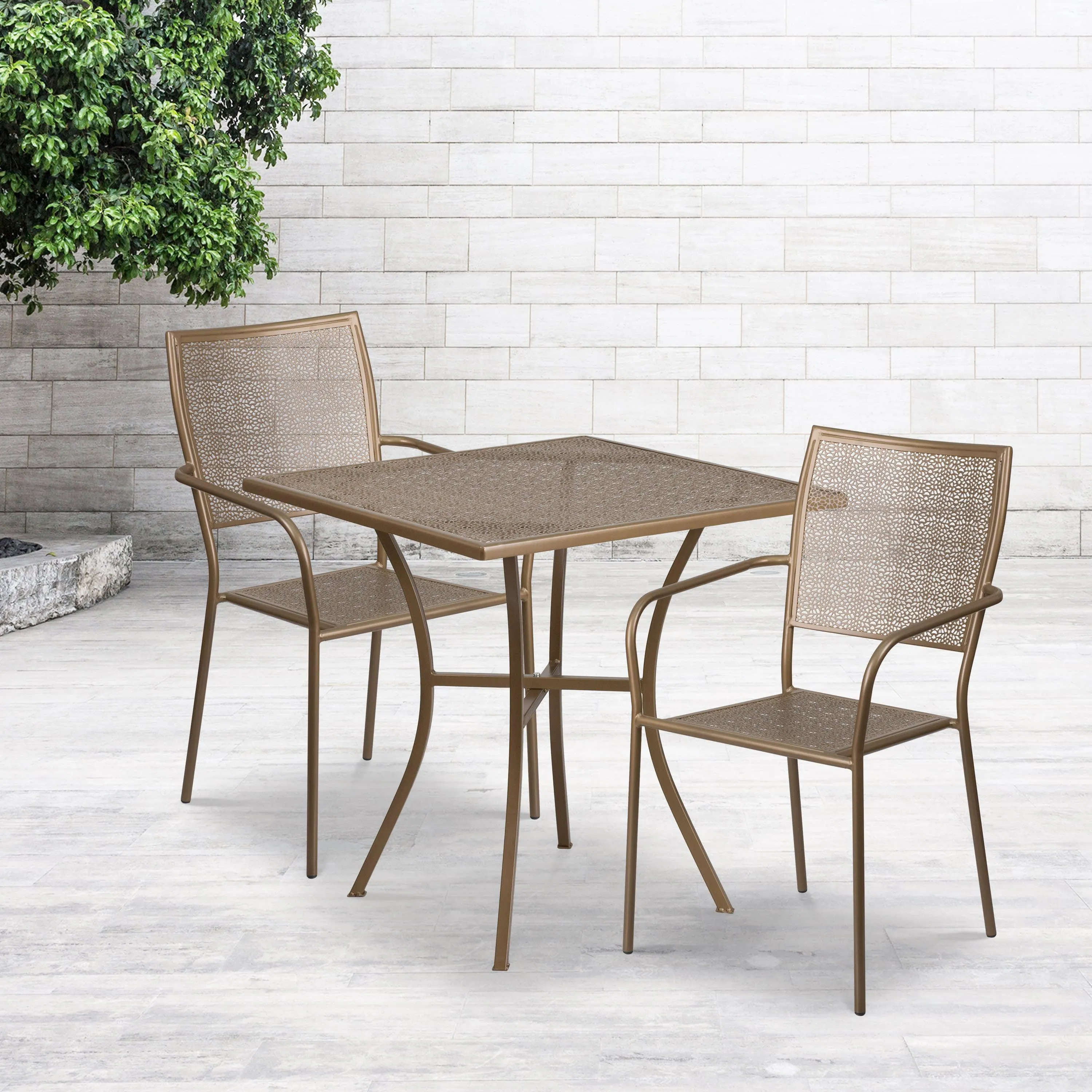 Oia Commercial Grade 28" Square Indoor-Outdoor Steel Patio Table Set with 2 Square Back Chairs
