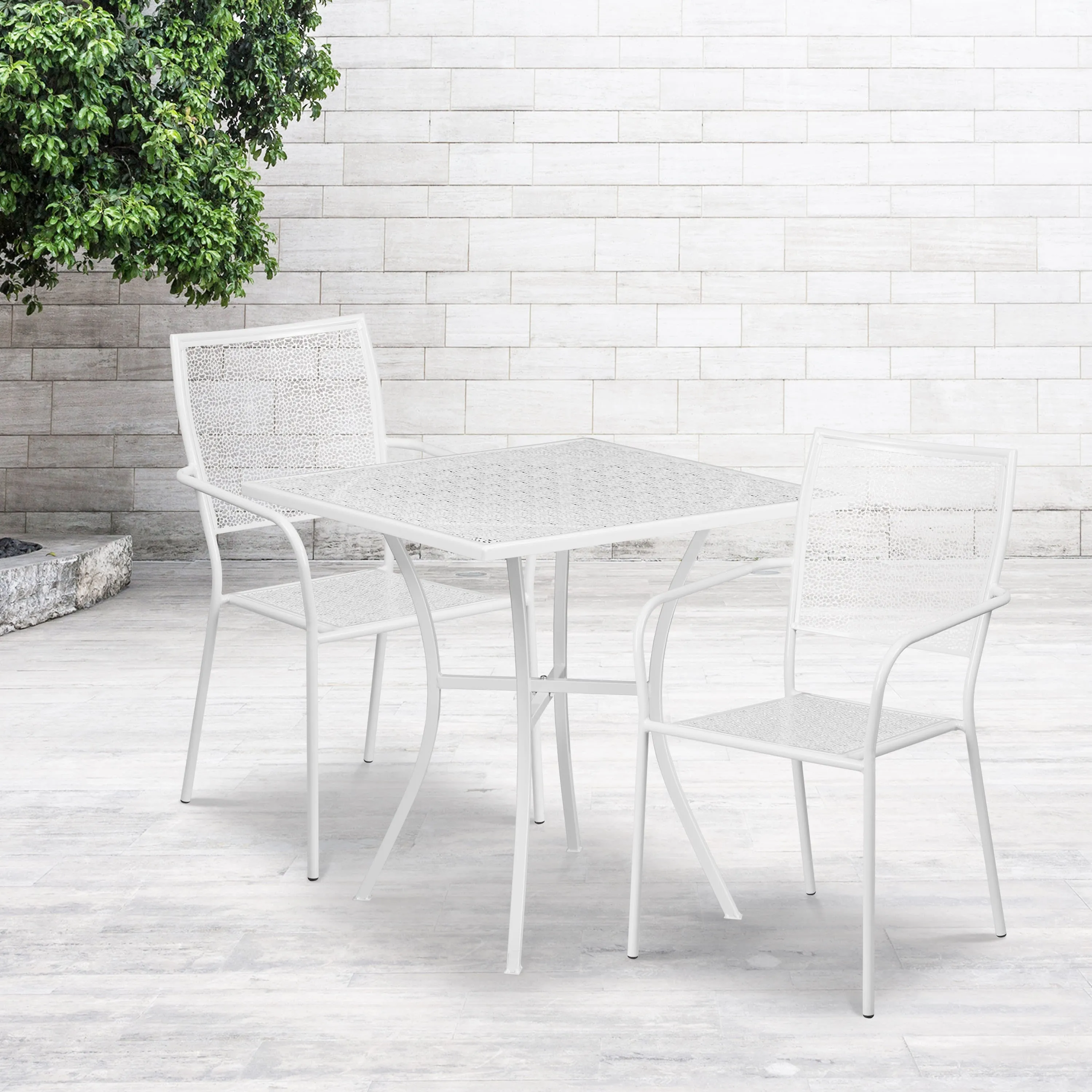 Oia Commercial Grade 28" Square Indoor-Outdoor Steel Patio Table Set with 2 Square Back Chairs