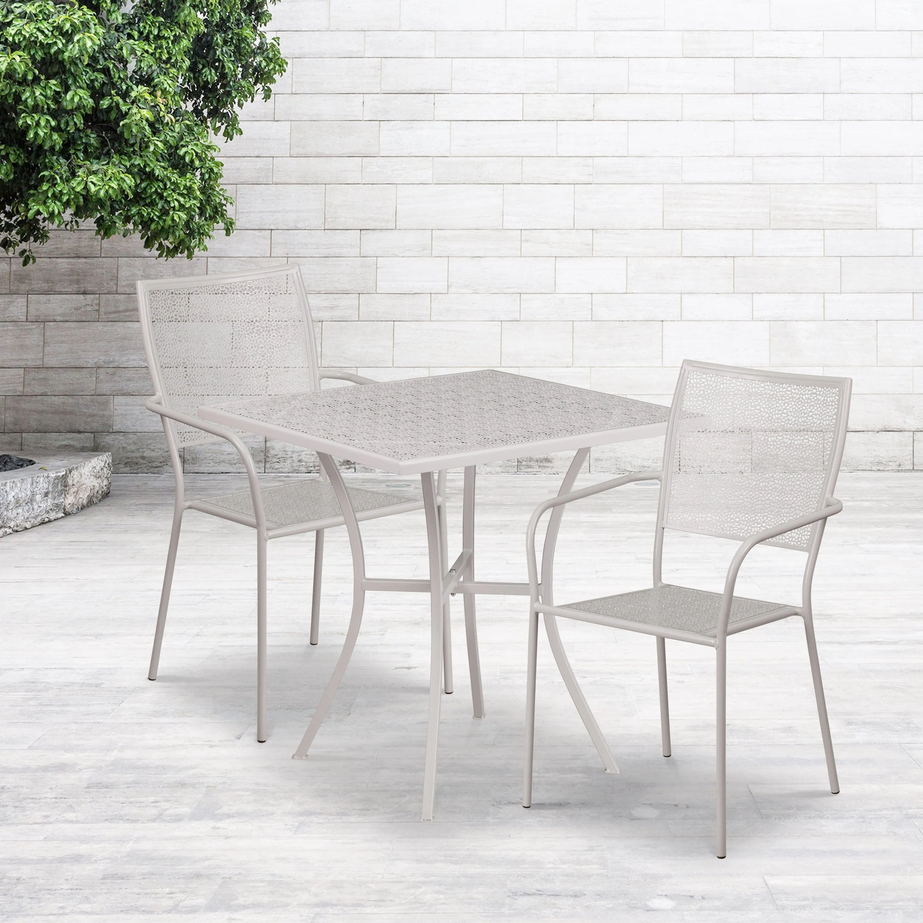 Oia Commercial Grade 28" Square Indoor-Outdoor Steel Patio Table Set with 2 Square Back Chairs