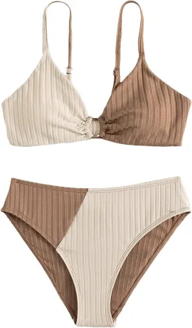 OYOANGLE Girl's 2 Piece Colorblock Ring Linked Bikini Swimsuit Ribbed Knit Bathing Suit