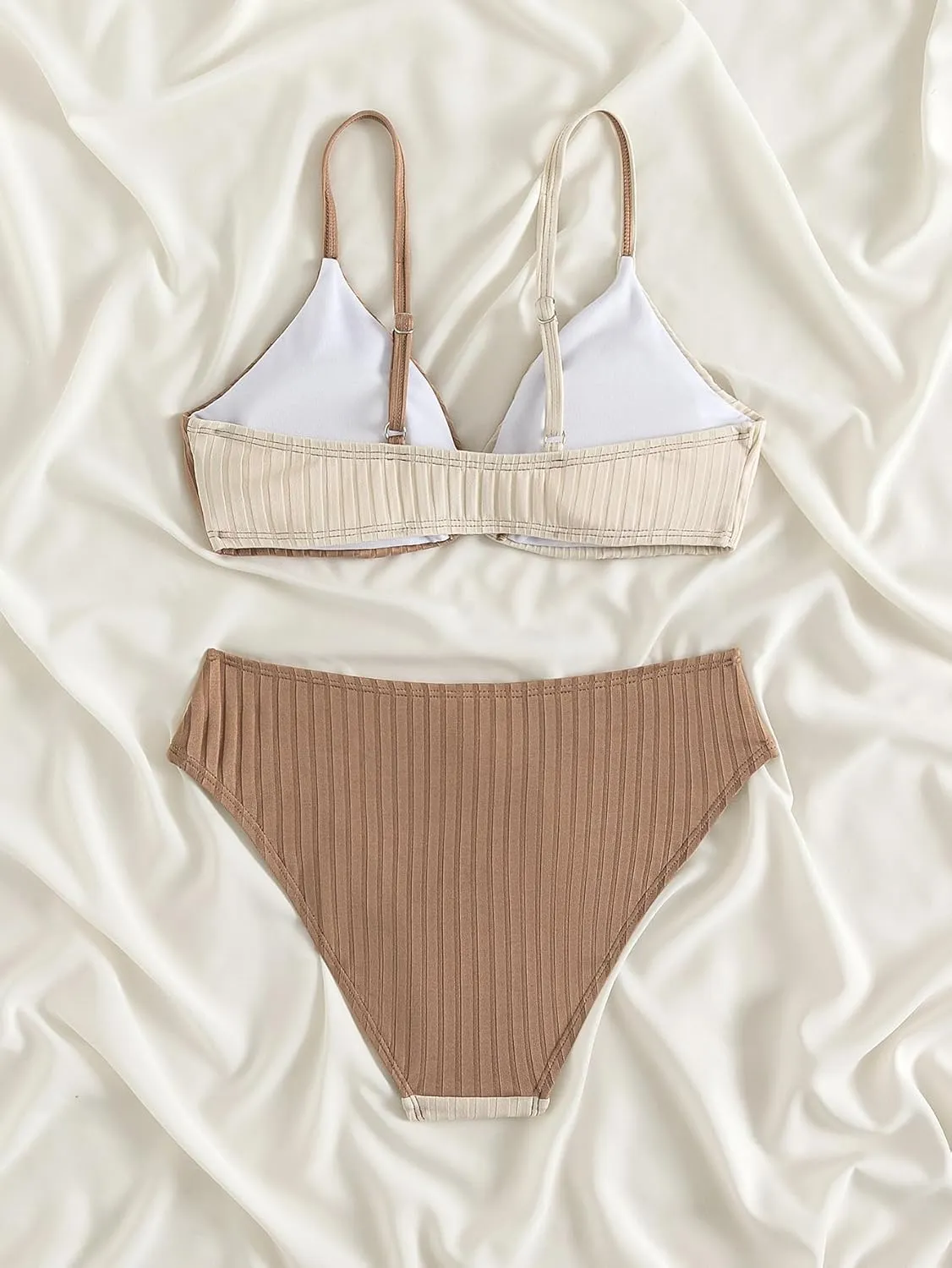 OYOANGLE Girl's 2 Piece Colorblock Ring Linked Bikini Swimsuit Ribbed Knit Bathing Suit