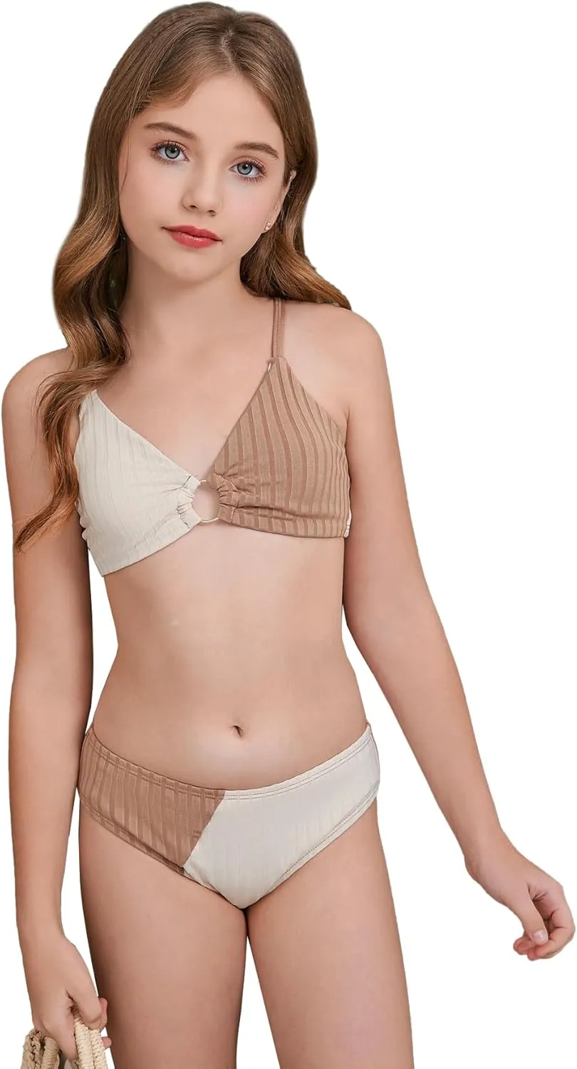 OYOANGLE Girl's 2 Piece Colorblock Ring Linked Bikini Swimsuit Ribbed Knit Bathing Suit