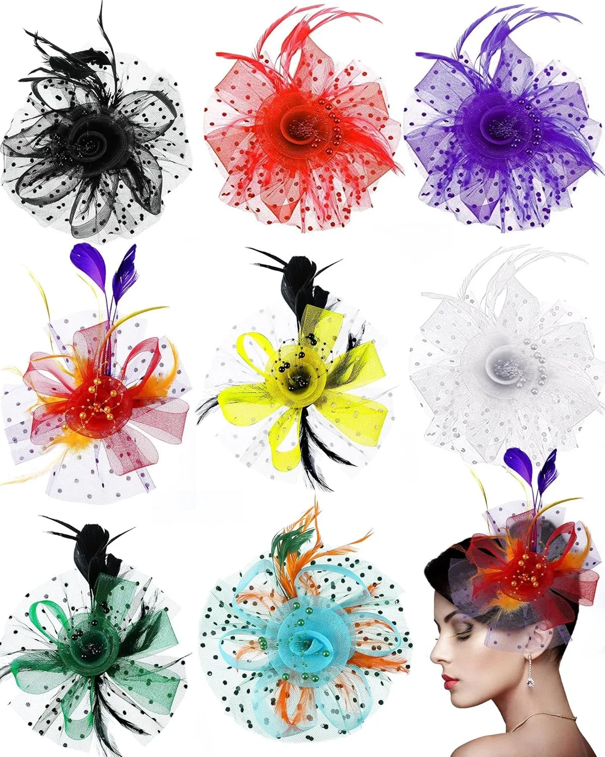 Patelai 8 Pieces Fascinators Hats for Tea Party Women Girls Flower Feathers Mesh Hat for Cocktail Party Church Wedding